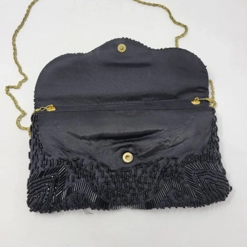 Vintage Black Beaded Evening Clutch With‎ Gold Chain Strap